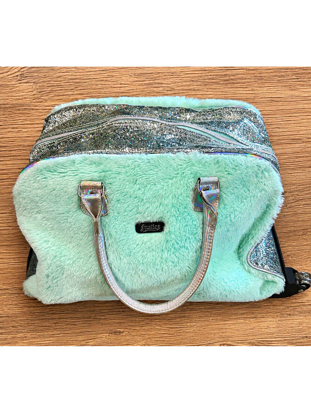 Justice Faux Fur Glitter Rolling Duffle Bag, Retractable Handle & led wheels